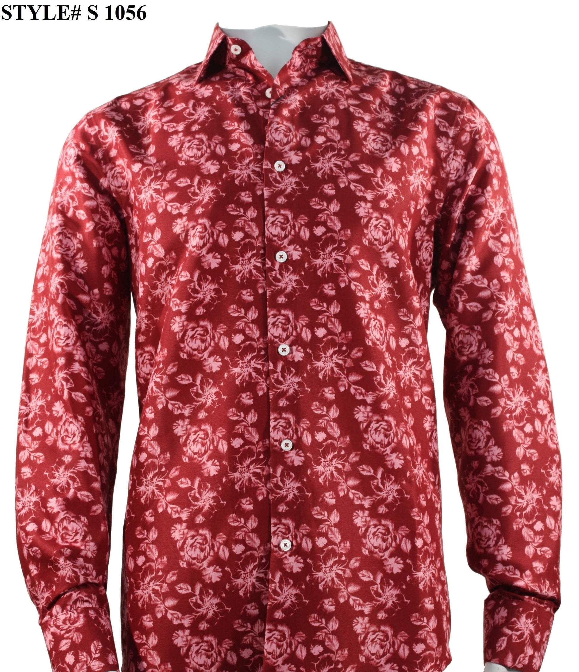The Sangi Long Sleeve Shirt (Style S 1056) features a modern fit and is showcased on a mannequin. It is a red button-up shirt with a white floral pattern.