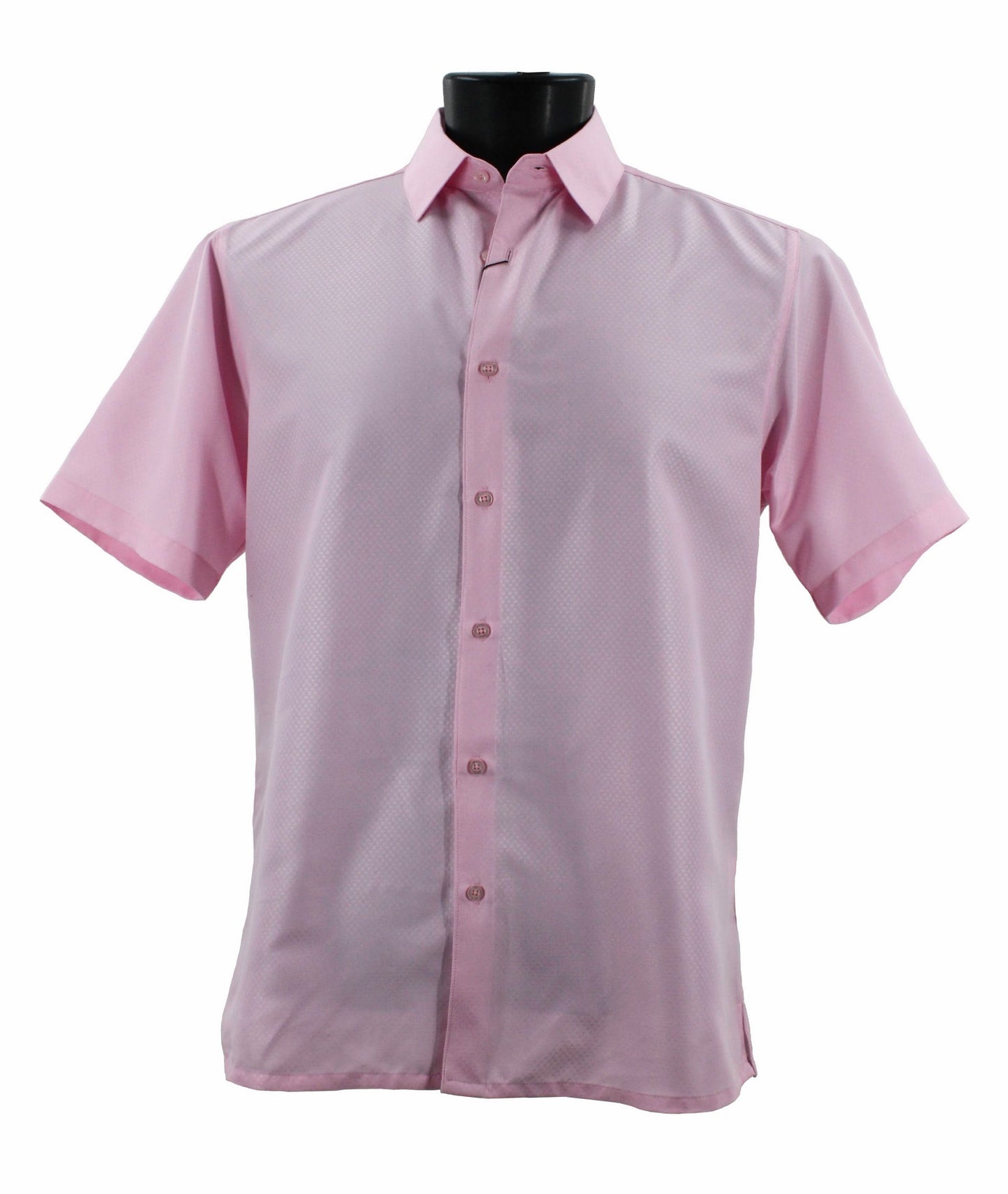 A Sangi short-sleeve, modern fit button-up shirt in pink displayed on a black mannequin.