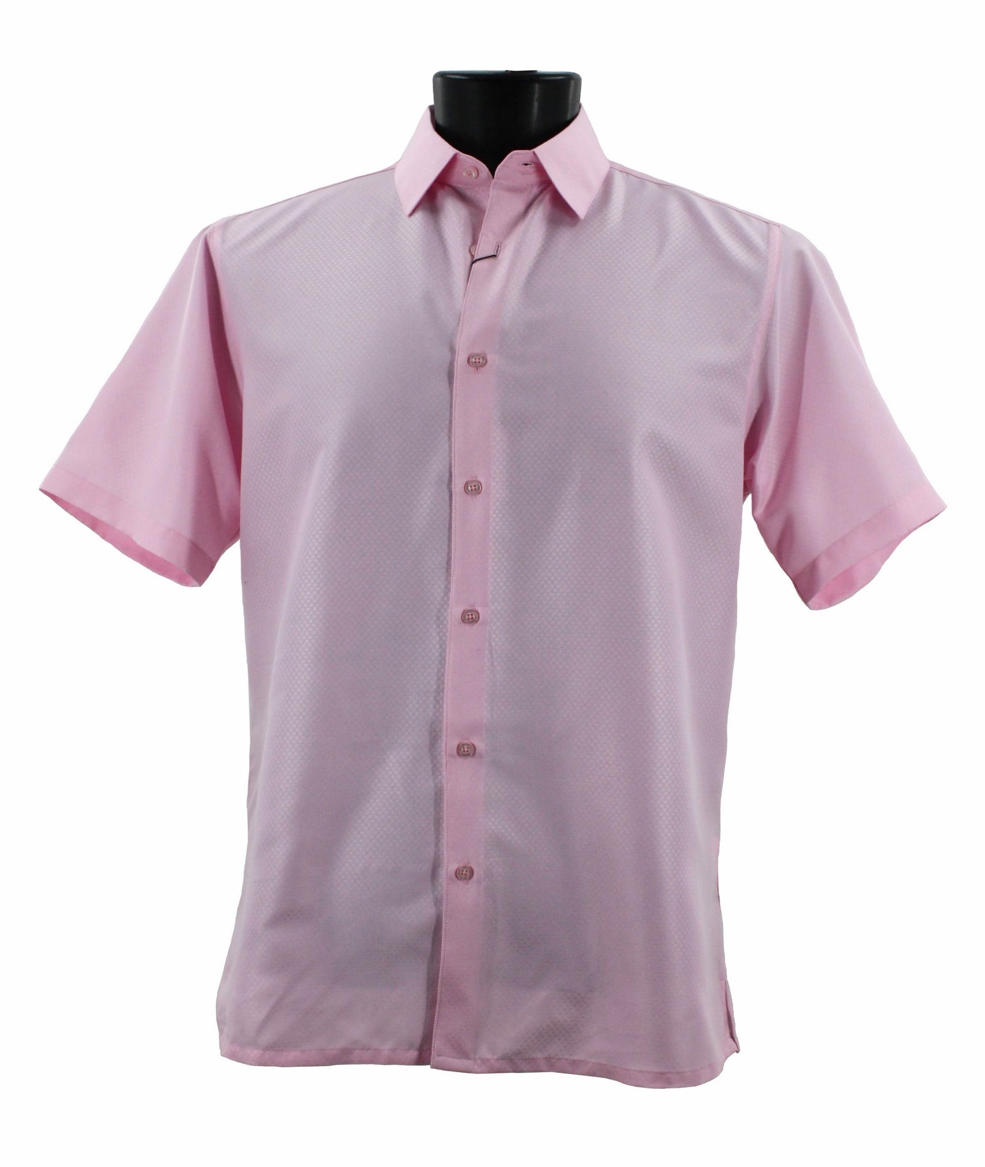 A Sangi short-sleeve, modern fit button-up shirt in pink displayed on a black mannequin.