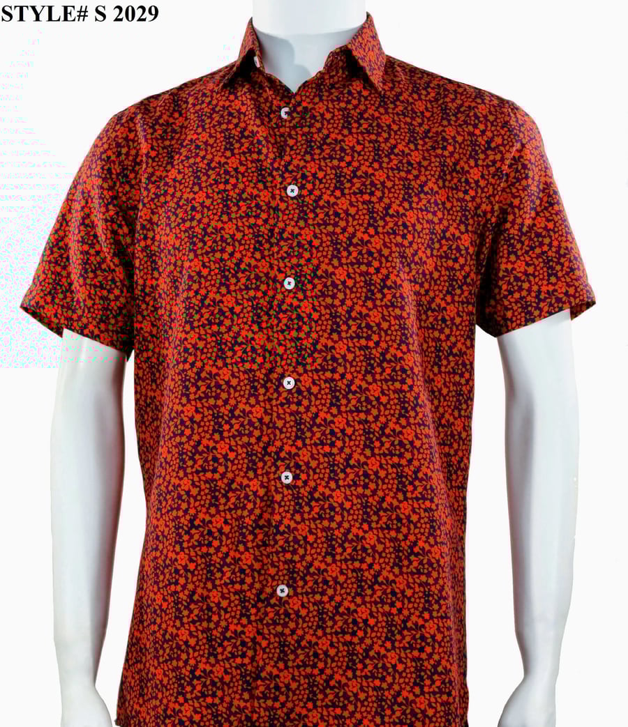 A mannequin wears the Sangi Sangi Short Sleeve Shirt S 2029, a modern fit button-up with a red and black floral pattern. "STYLE# S 2029" appears in the top left corner.