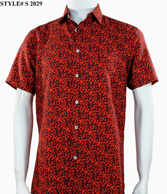 A mannequin wears the Sangi Sangi Short Sleeve Shirt S 2029, a modern fit button-up with a red and black floral pattern. "STYLE# S 2029" appears in the top left corner.