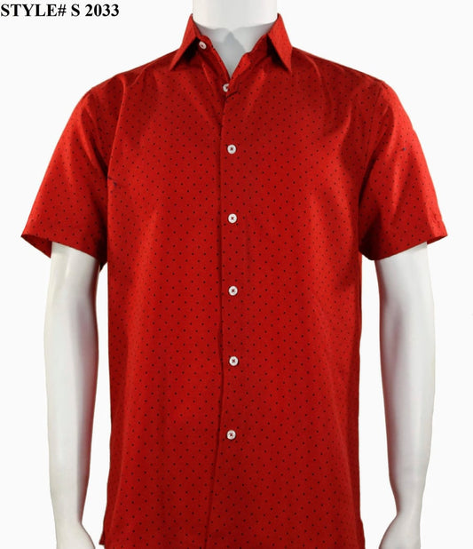 A mannequin wears the Sangi Short Sleeve Shirt S 2033, a modern fit red button-up with a small black dot pattern. The brand is Sangi, and "STYLE# S 2033" appears in the top left corner.