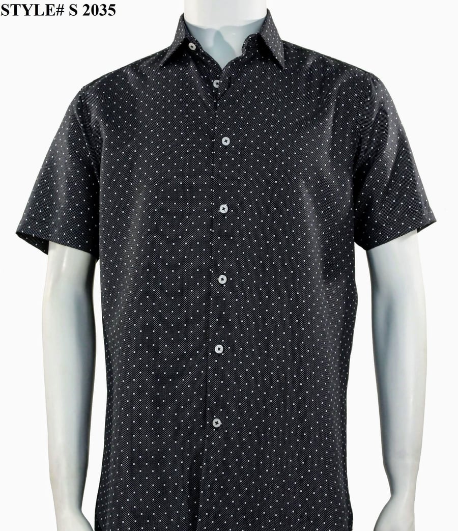 A mannequin wears the Sangi Short Sleeve Shirt S 2035, a modern fit black button-up with small white polka dots. The style number S 2035 appears in the top left corner.