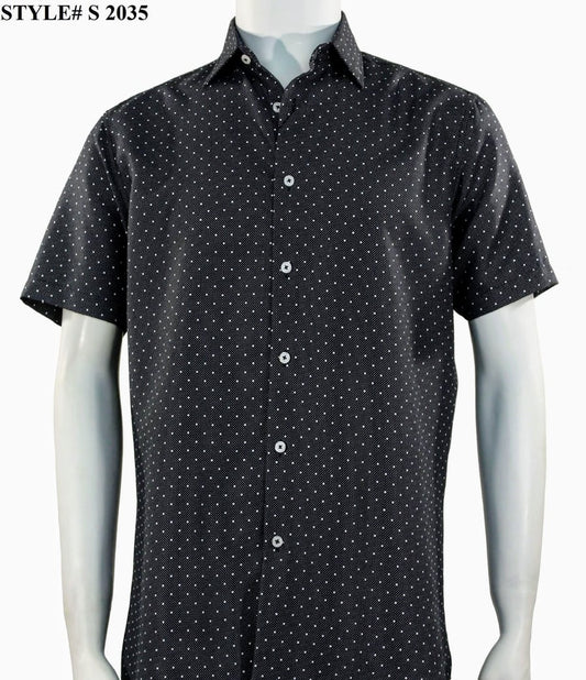 A mannequin wears the Sangi Short Sleeve Shirt S 2035, a modern fit black button-up with small white polka dots. The style number S 2035 appears in the top left corner.