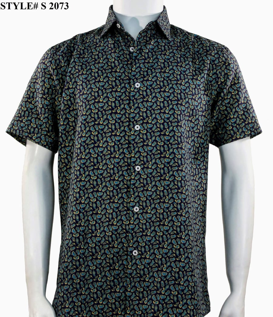 The Sangi Short Sleeve Shirt S 2073, by Sangi, features a modern fit and dark small paisley print. Displayed on a mannequin torso with "STYLE# S 2073" in the top left corner.