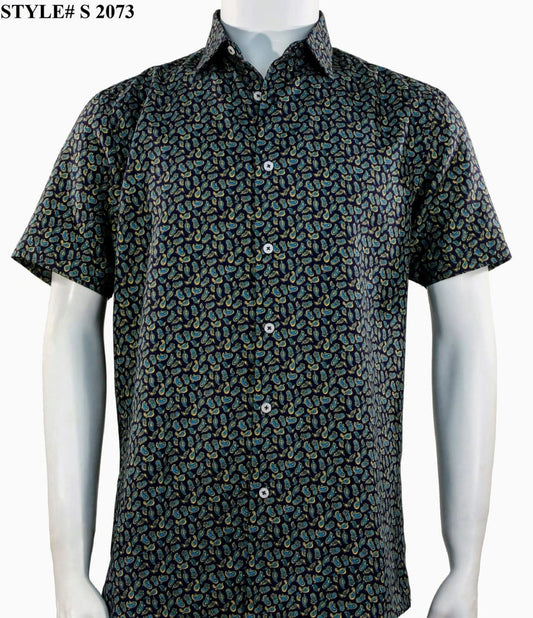 The Sangi Short Sleeve Shirt S 2073, by Sangi, features a modern fit and dark small paisley print. Displayed on a mannequin torso with "STYLE# S 2073" in the top left corner.