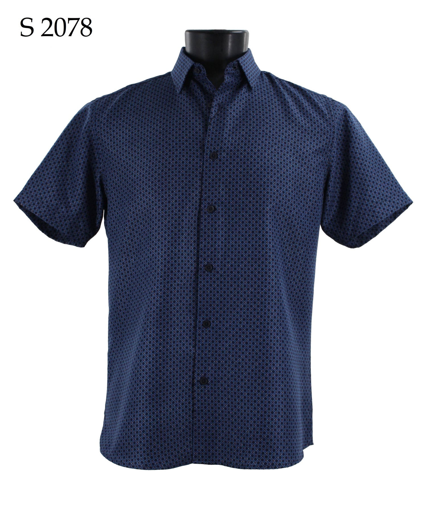 The Sangi Short Sleeve Shirt S 2078 features a navy blue geometric pattern and modern fit, showcased on a black torso mannequin. "S 2078" is displayed in the top left corner. Brand: Sangi.
