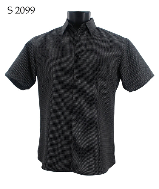 The Sangi Short Sleeve Shirt S 2099, crafted by Sangi, is a modern-fit black shirt featuring a subtle dotted pattern and is showcased on a mannequin.