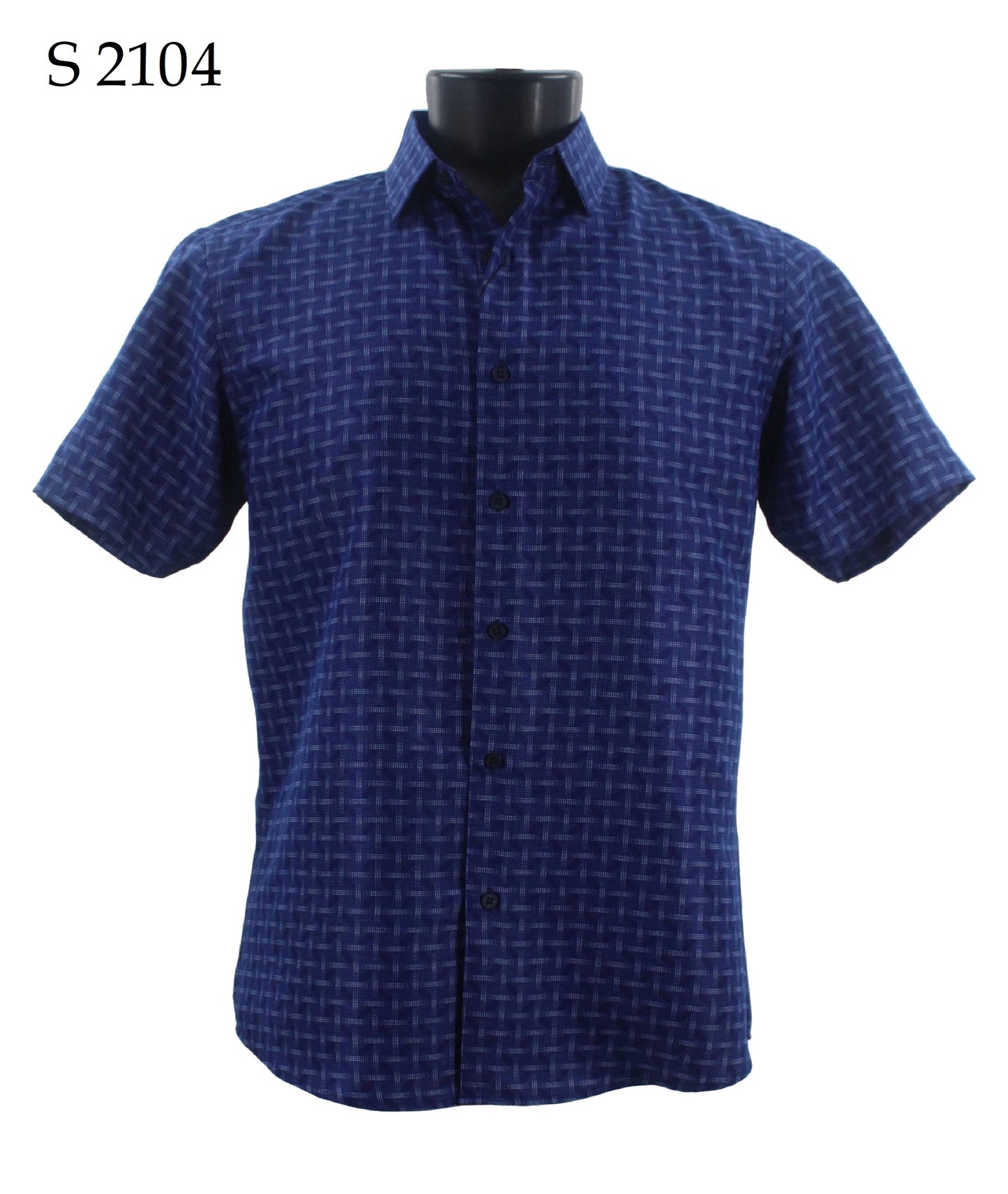 Displayed on a mannequin torso is the Sangi Short Sleeve Shirt S 2104, featuring a modern fit and a grid-like pattern. The top left corner shows the text "S 2104.