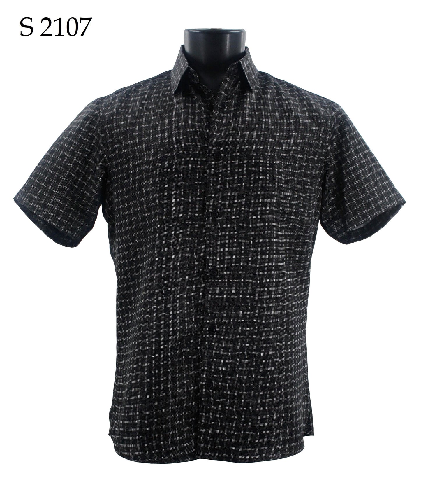 A black mannequin showcases a Sangi Short Sleeve Shirt S 2107, highlighting its modern fit and stylish black and gray checkered pattern with "S 2107" printed in the top left corner.