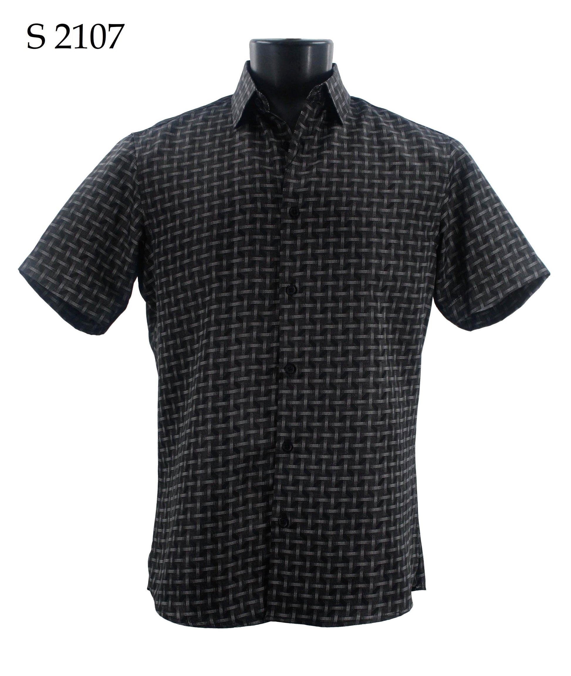 A black mannequin showcases a Sangi Short Sleeve Shirt S 2107, highlighting its modern fit and stylish black and gray checkered pattern with "S 2107" printed in the top left corner.