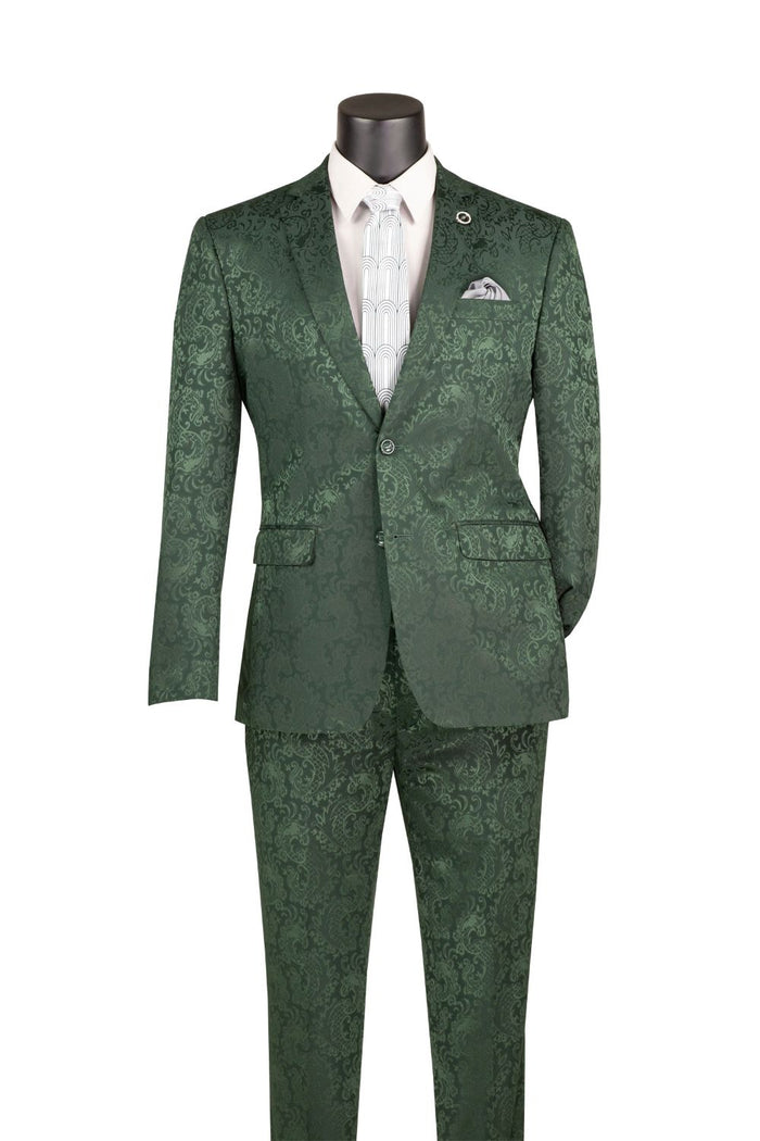Vinci Suits Slim Fit Hunter Green Tone on Tone Paisley Pattern 2 Piece Suit S2F-1 with white dress shirt, silver tie, and pocket square displayed on a mannequin.