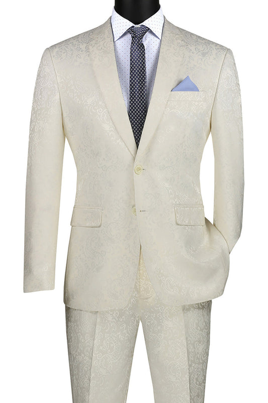 The Vinci Suits Slim Fit 2 Piece Single Breasted Suit in Ivory S2F-1 offers a sharp look with its cream-colored pattern, paired with a white shirt, polka dot tie, and light blue pocket square. Crafted from a Poly Rayon Blend for comfort and style on any occasion.
