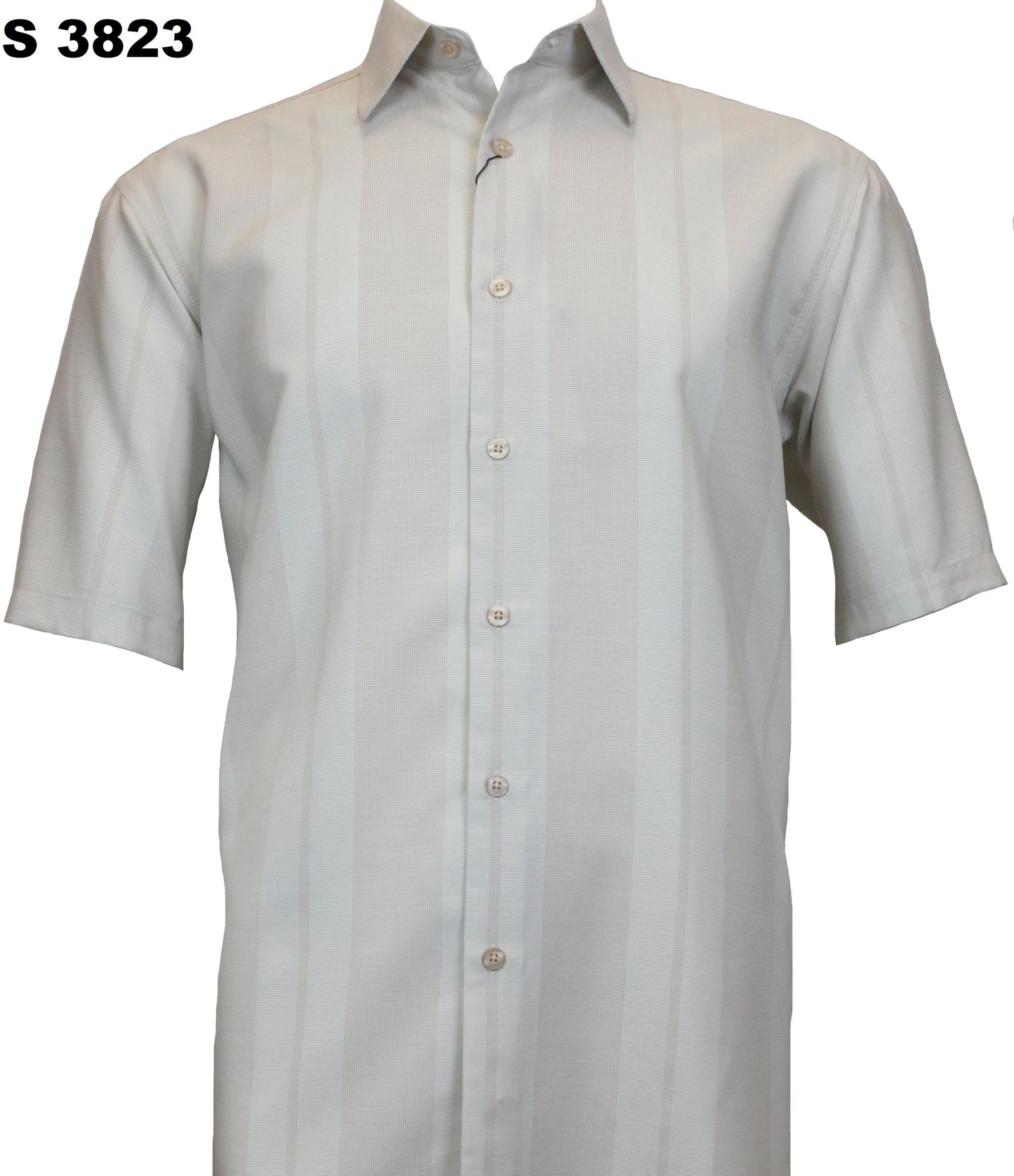 Sangi's Short Sleeve Shirt, product code "S 3823," features a regular fit design with subtle vertical stripes on a white fabric. It's made from a comfortable modal blend, perfect for everyday wear.