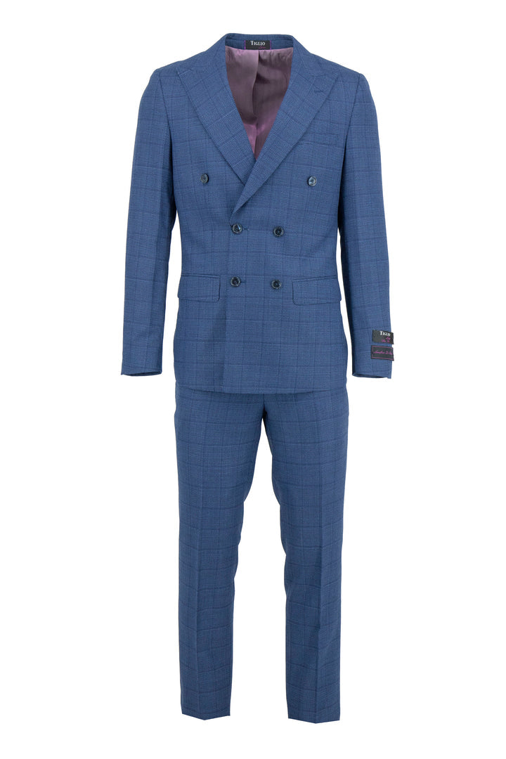 The Tiglio Luxe Blue Windowpane with Micro Design Santorini Slim Fit Pure Wool Men’s Suit TL4249 features notch lapels and matching trousers, exemplifying luxury men’s clothing by Tiglio Luxe, shown elegantly against a white background.