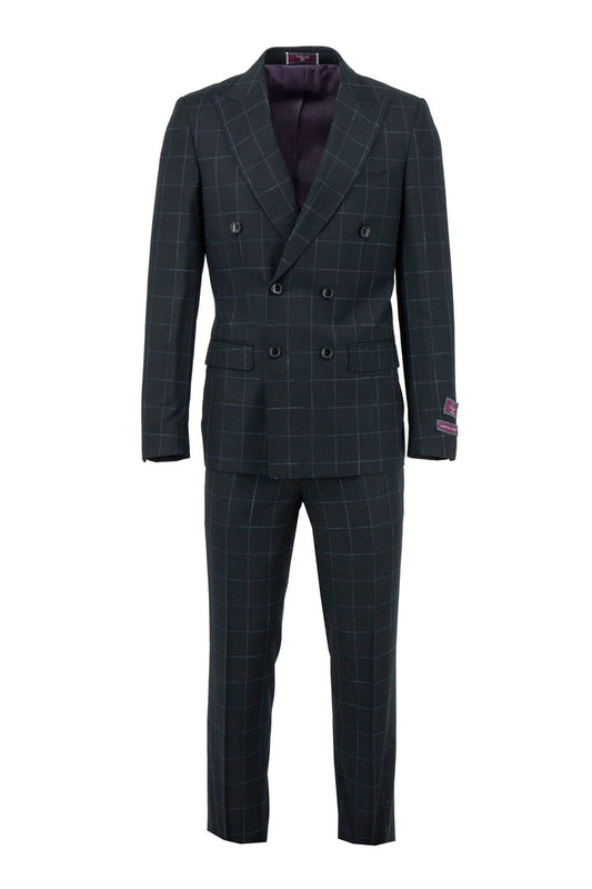 The Tiglio Luxe Black With Blue Windowpane Santorini is a slim fit pure wool men’s suit (TL5103) featuring peak lapels and matching trousers, shown on a white background—an elegant choice in luxury menswear.