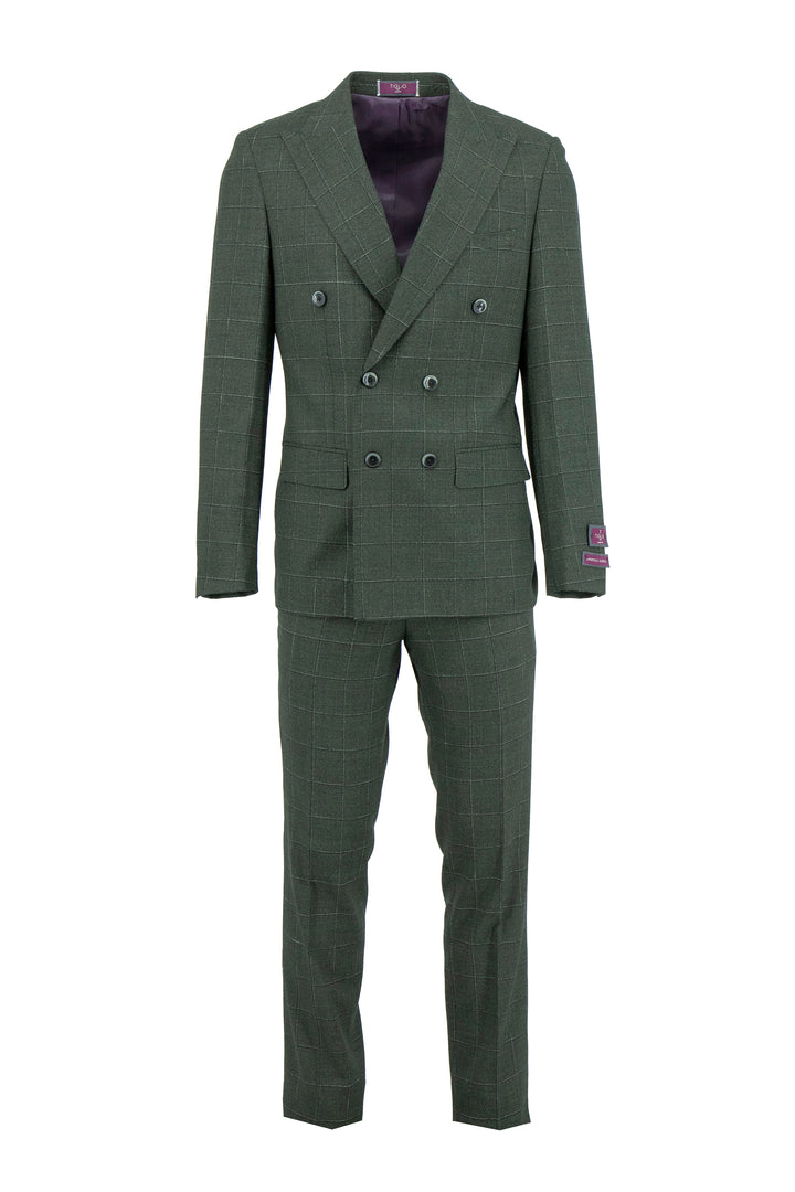 The Tiglio Luxe Heather Green with Windowpane Santorini Slim Fit Pure Wool Men’s Suit TL5111 features a refined double-breasted style and matching trousers—an elegant choice in luxury menswear from Tiglio Luxe.