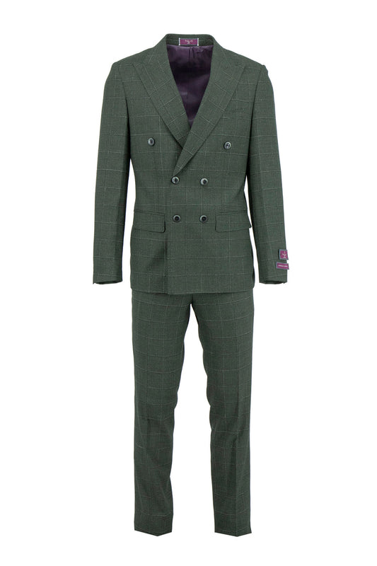 The Tiglio Luxe Heather Green with Windowpane Santorini Slim Fit Pure Wool Men’s Suit TL5111 features a refined double-breasted style and matching trousers—an elegant choice in luxury menswear from Tiglio Luxe.