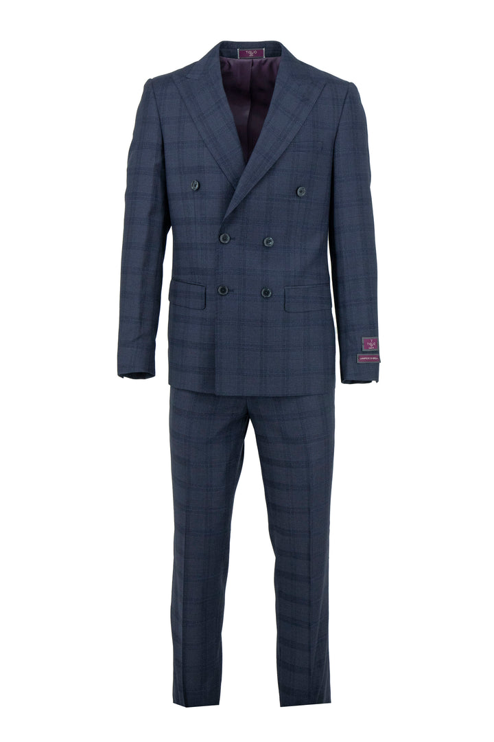 The Tiglio Luxe Grey Blue with Windowpane Santorini Slim Fit Pure Wool Men’s Suit (TL5138) showcases refined luxury and elegance in men's fashion, displayed on a white background.
