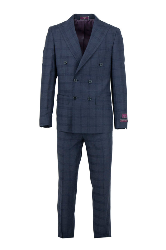 The Tiglio Luxe Grey Blue with Windowpane Santorini Slim Fit Pure Wool Men’s Suit (TL5138) showcases refined luxury and elegance in men's fashion, displayed on a white background.