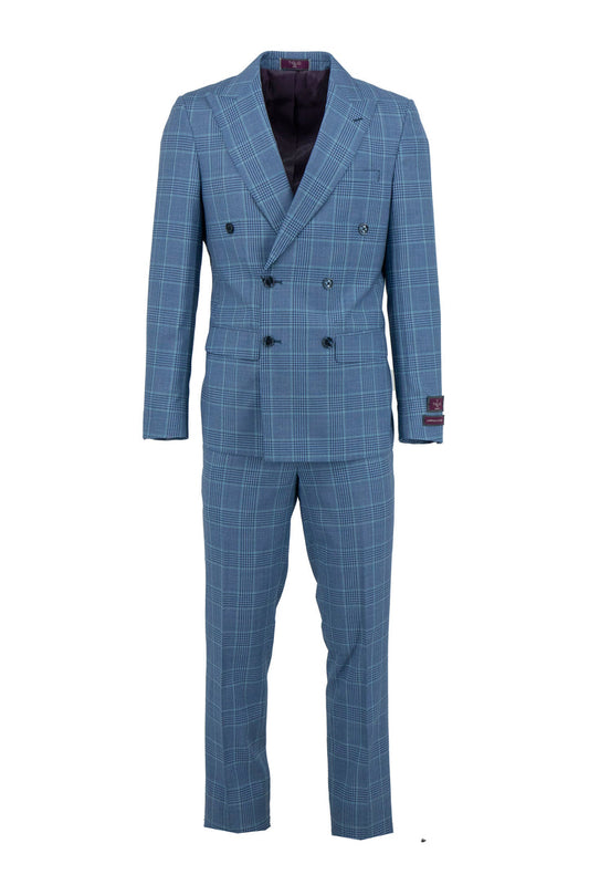 The Tiglio Luxe Steel Blue with Windowpane Santorini Suit TL5587 is a slim fit pure wool men’s suit featuring notch lapels, black buttons, and burgundy lining—a refined choice in tailored menswear.