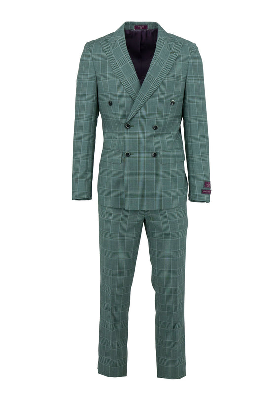 The Tiglio Luxe Seafoam Green with Windowpane Santorini Slim Fit Pure Wool Men’s Suit TL5588, shown with matching trousers on a white background, is a refined luxury option from Tiglio Luxe.