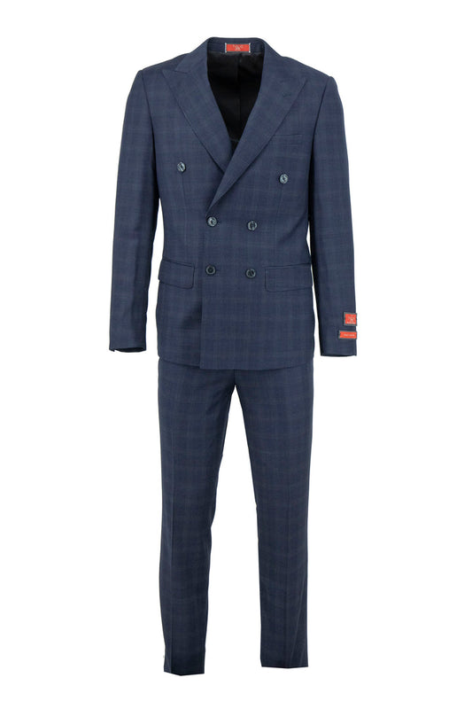 The Tiglio Luxe Navy with Gray Windowpane Santorini Slim Fit Pure Wool Men’s Suit TL6082 beautifully highlights the elegance of tailored menswear from Tiglio Luxe against a white background.