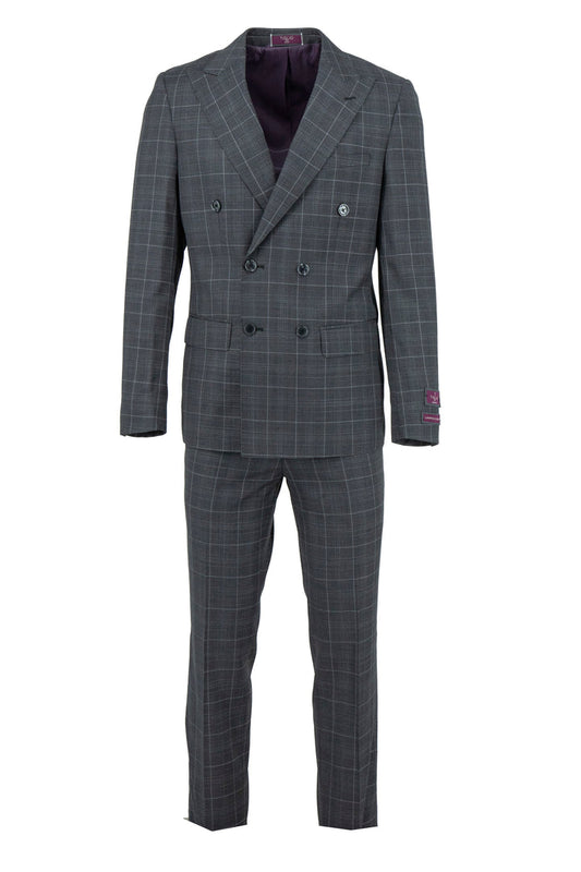 The Tiglio Luxe Santorini TL6097 is a slim fit men's suit in gray with a light gray windowpane pattern, crafted from pure wool—a refined choice for those seeking elegant Italian style.