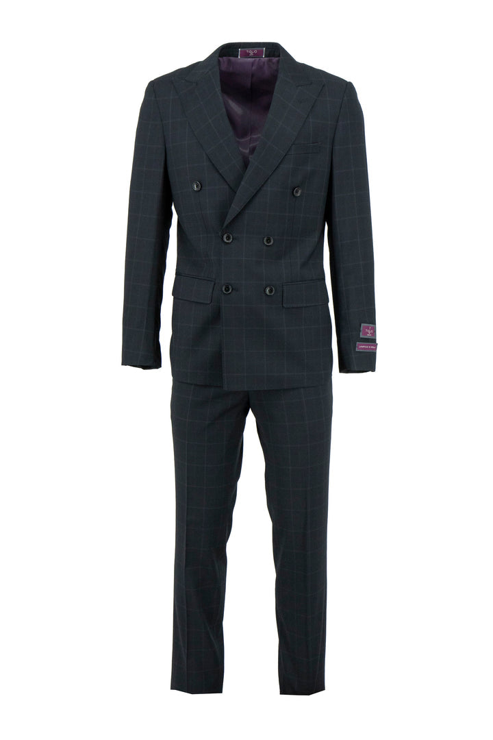 The Tiglio Luxe Black Santorini Slim Fit Men's Suit TL7106 features a windowpane and micro design in pure wool, with a double-breasted style and notch lapels, shown with matching trousers against a white background.