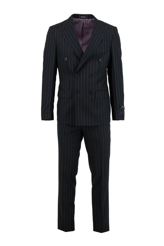 The Tiglio Luxe Black with Blue Pinstripe Santorini Slim Fit Pure Wool Men’s Suit TL4043 features notch lapels, matching trousers, and a purple lining, offering modern sophistication. Displayed on a white background.