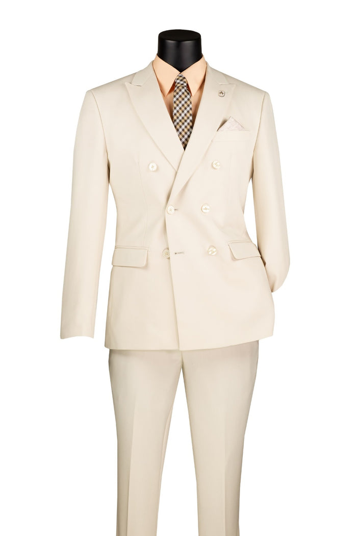 Vinci Suits Slim Fit 2 Piece Stretch Fabric Suit Bone White SDB-1 worn with a peach button-down shirt, a plaid tie, and a pocket square.