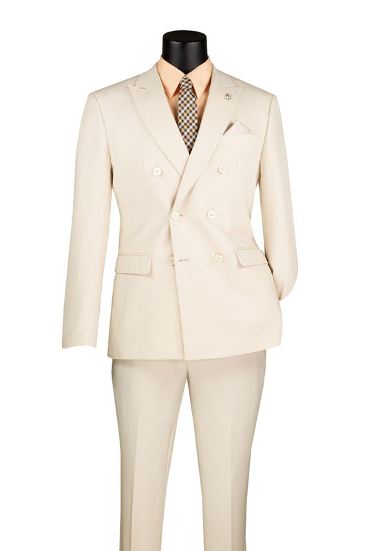 Vinci Suits Slim Fit 2 Piece Stretch Fabric Suit Bone White SDB-1 worn with a peach button-down shirt, a plaid tie, and a pocket square.