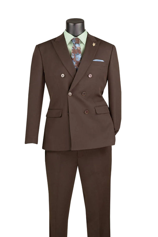 The Slim Fit Brown Double Breasted 2 Piece Suit with Adjustable Waistband SDB-1 by Vinci Suits is styled with a green shirt, floral tie, and blue pocket square for a classic formal look.