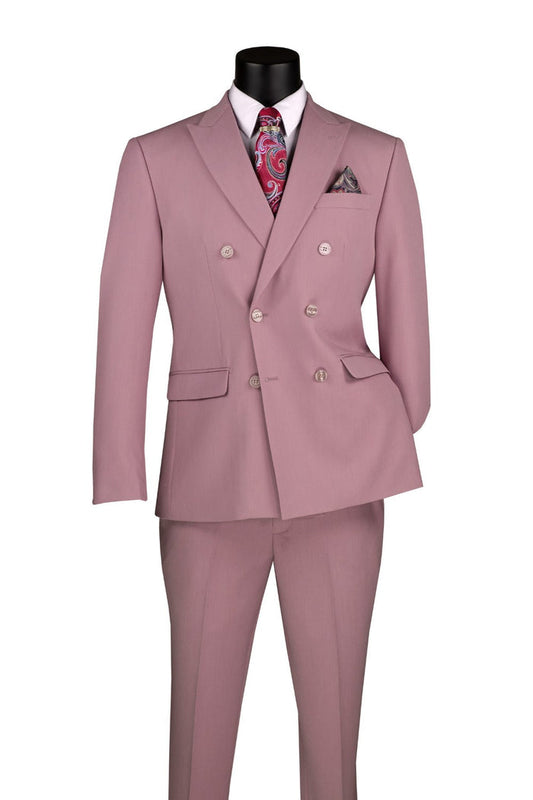 Vinci Suits Slim Fit 2 Piece Stretch Fabric Suit Lilac SDB-1 displayed on a mannequin, featuring a double-breasted jacket, white shirt, patterned red tie, and pocket square.