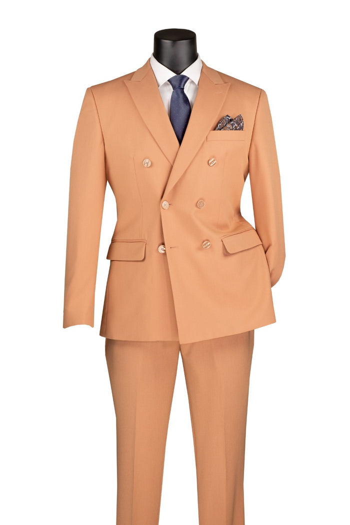 Vinci Suits Slim Fit Peach Double Breasted 2 Piece Suit with Adjustable Waistband SDB-1 on a mannequin, worn with a white shirt, dark blue tie, and patterned pocket square.
