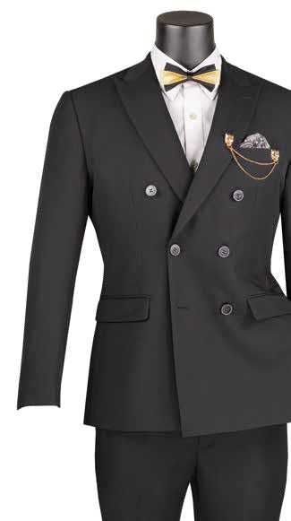 A mannequin wears a Vinci Suits Slim Fit 2 Piece Stretch Fabric Suit in black, complete with peak lapels, a gold bow tie, pocket watch chain, and a pocket square.