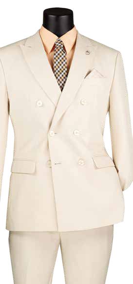 The Vinci Suits' Slim Fit 2 Piece Stretch Fabric Suit, Bone White SDB-1, with a peak lapel elegantly pairs with a checkered tie and peach shirt on a black mannequin.