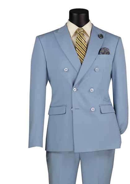 A mannequin displays the Vinci Suits Slim Fit 2 Piece Stretch Fabric Suit in Ice Blue (SDB-1), paired with a crisp white shirt, a yellow striped tie, and a pocket square, exuding elegance and style.