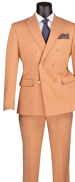 Vinci Suits' Slim Fit 2 Piece Stretch Fabric Suit in Peach (SDB-1) features a double-breasted design with peak lapel, complemented by a crisp white shirt, navy tie, and patterned pocket square.