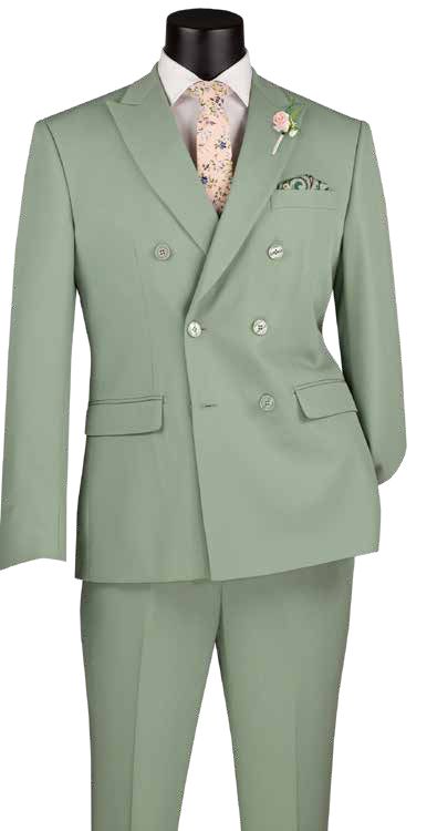 A Vinci Suits mannequin elegantly showcases the Slim Fit 2 Piece Stretch Fabric Suit in Sage Green, featuring a double-breasted design with peak lapels, paired perfectly with a floral tie and boutonniere.