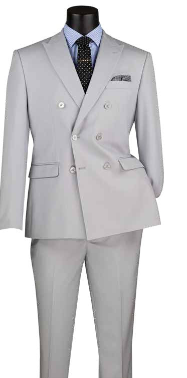Discover elegance with the Vinci Suits Slim Fit 2 Piece Stretch Fabric Suit in Silver SDB-1, a gray double-breasted ensemble with peak lapel. Pair it with a light blue striped shirt and black polka dot tie for the perfect mix of classic style and modern trends.