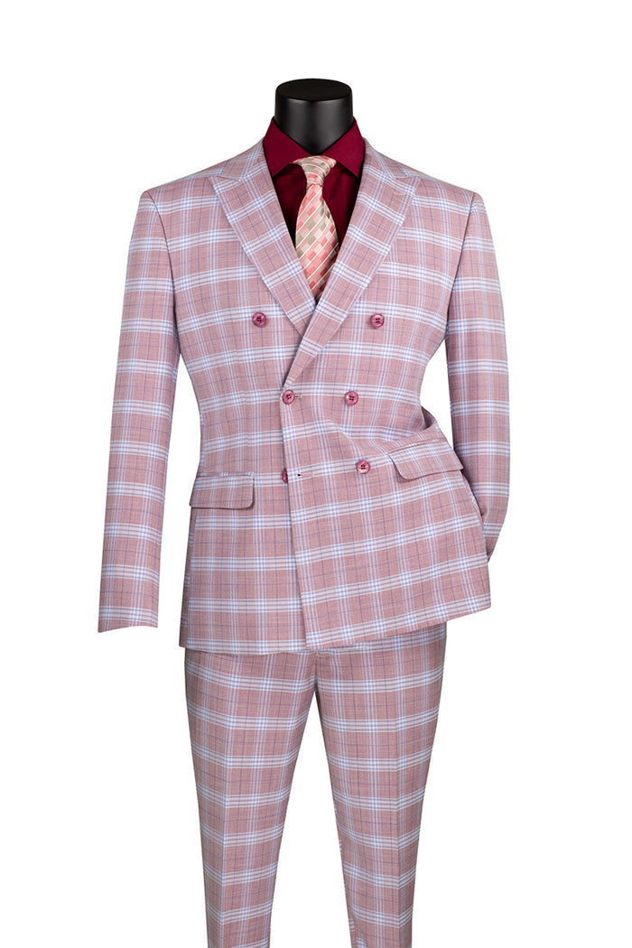 A mannequin showcases the Slim Fit 2 Piece Double Breasted Windowpane Suit in Adobe Rose by Vinci Suits, paired with a matching pink-and-white tie over a dark red shirt.