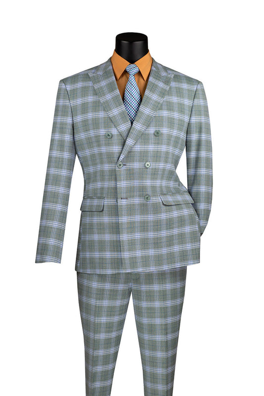 The Vinci Suits Slim Fit 2 Piece Double Breasted Windowpane Suit Sea Grass SDW-2 elegantly drapes the mannequin, paired with a blue-patterned tie and an orange dress shirt, showcasing timeless charm.