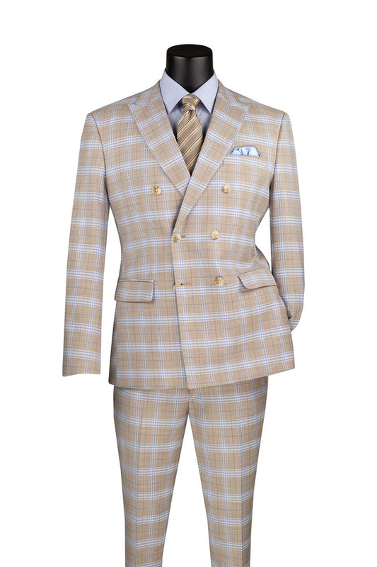 The Vinci Suits Slim Fit 2 Piece Double Breasted Windowpane Suit in Tan elegantly drapes on a mannequin, accented by a blue shirt, patterned tie, and pocket square.