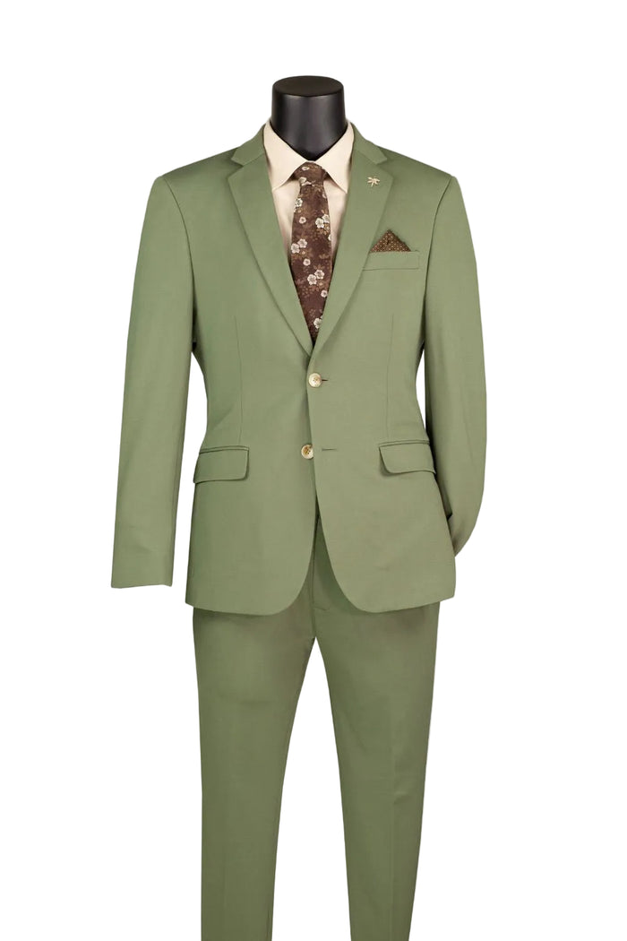 The Vinci Suits Slim Fit Light Olive 2 Piece Suit Stretch Fabric Suit with Adjustable Waistband SDX-3 is shown with a brown floral tie, white shirt, and pocket square on a mannequin.