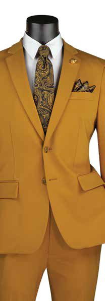 Displayed on a mannequin, the Vinci Suits Slim Fit 2 Piece Suit in Gold SDX-3 features a mustard-colored single-breasted jacket, paisley tie, and matching pocket square with an adjustable waistband for comfort.