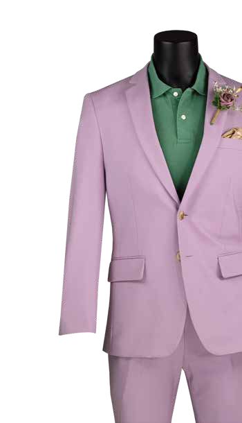 A mannequin elegantly wears the Vinci Suits Slim Fit 2 Piece Suit SDX-3 in lavender, featuring stretch fabric and an adjustable waistband. The look is completed with a green polo shirt, boutonniere, and pocket square, effortlessly blending style and sophistication.