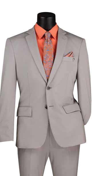 The mannequin displays the Vinci Suits Slim Fit 2 Piece Suit in Silver SDX-3 with an orange shirt, patterned tie, and matching pocket square for an elegant look.