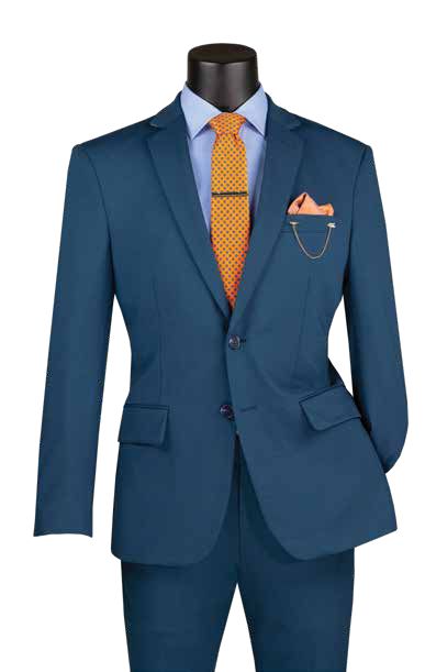 A mannequin displays a Vinci Suits Slim Fit 2 Piece Suit in teal SDX-3 with an orange tie and pocket square on a white background, highlighting its style and wrinkle resistance.
