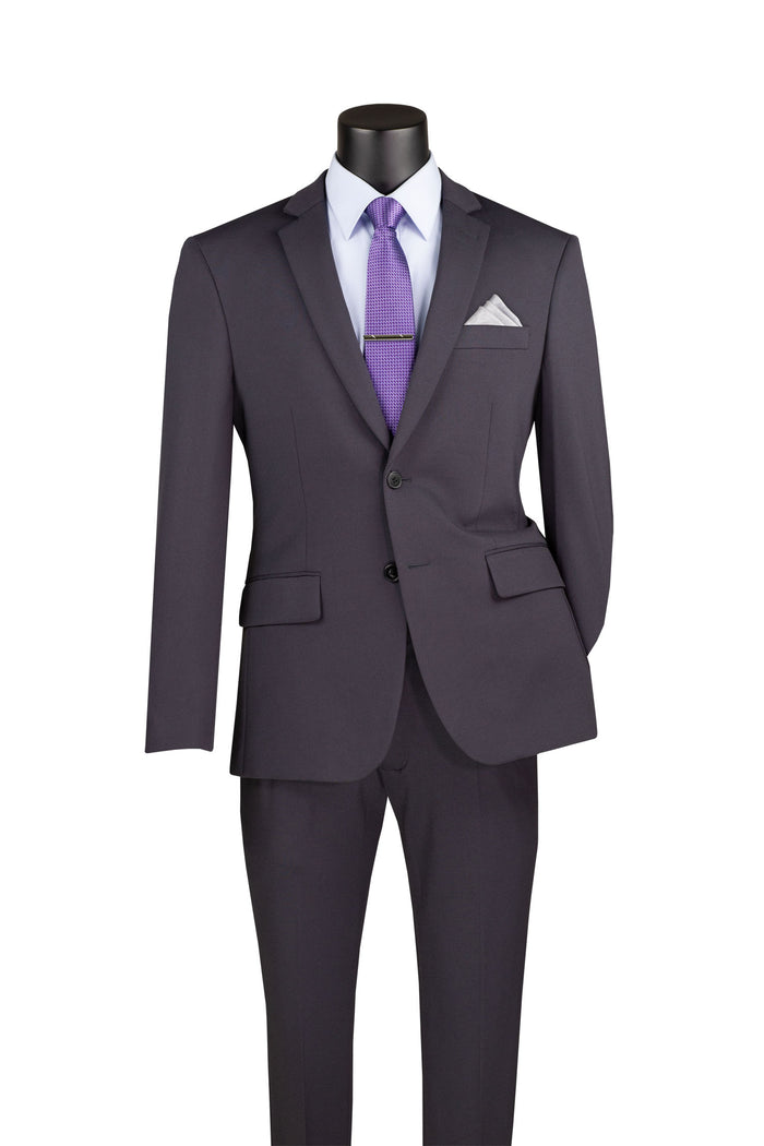 Vinci Suits Slim Fit 2 Piece Suit Stretch Fabric Suit with Adjustable Waistband Charcoal SDX-3 on a mannequin, styled with a light blue shirt, purple patterned tie, silver tie bar, and white pocket square.